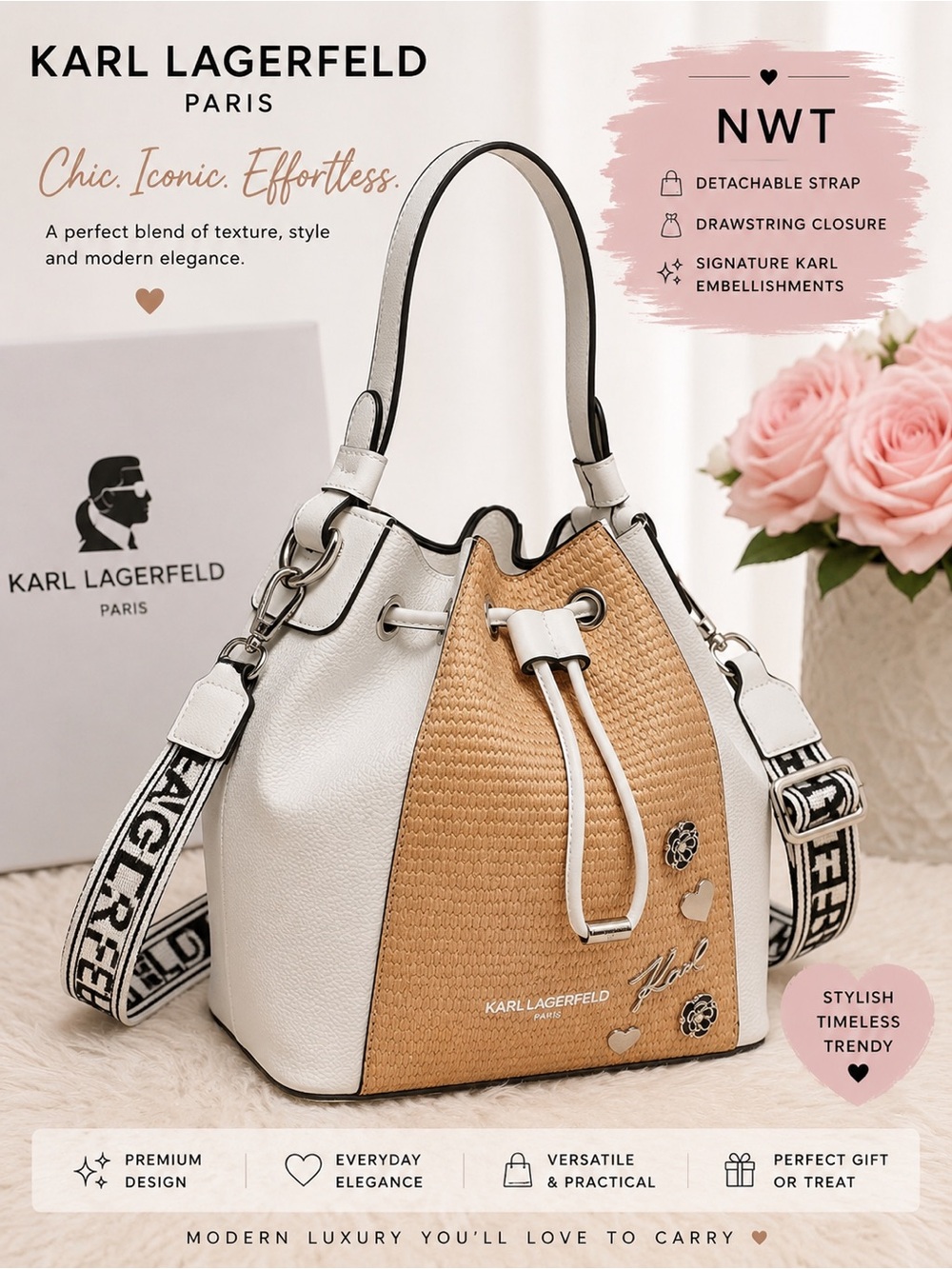 NWT Karl Lagerfeld White/Tan Woven-Front Bucket Bag W Dustbag🍰🤤 Incl BONUS ITEM